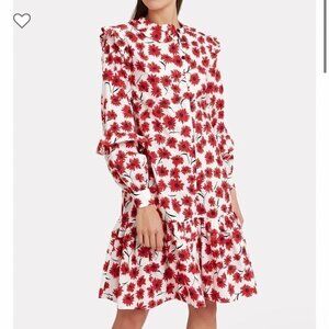 Resume Nanettte 100% Cotton White Red Blue Floral Long Sleeve Ruffle Midi Dress‎
